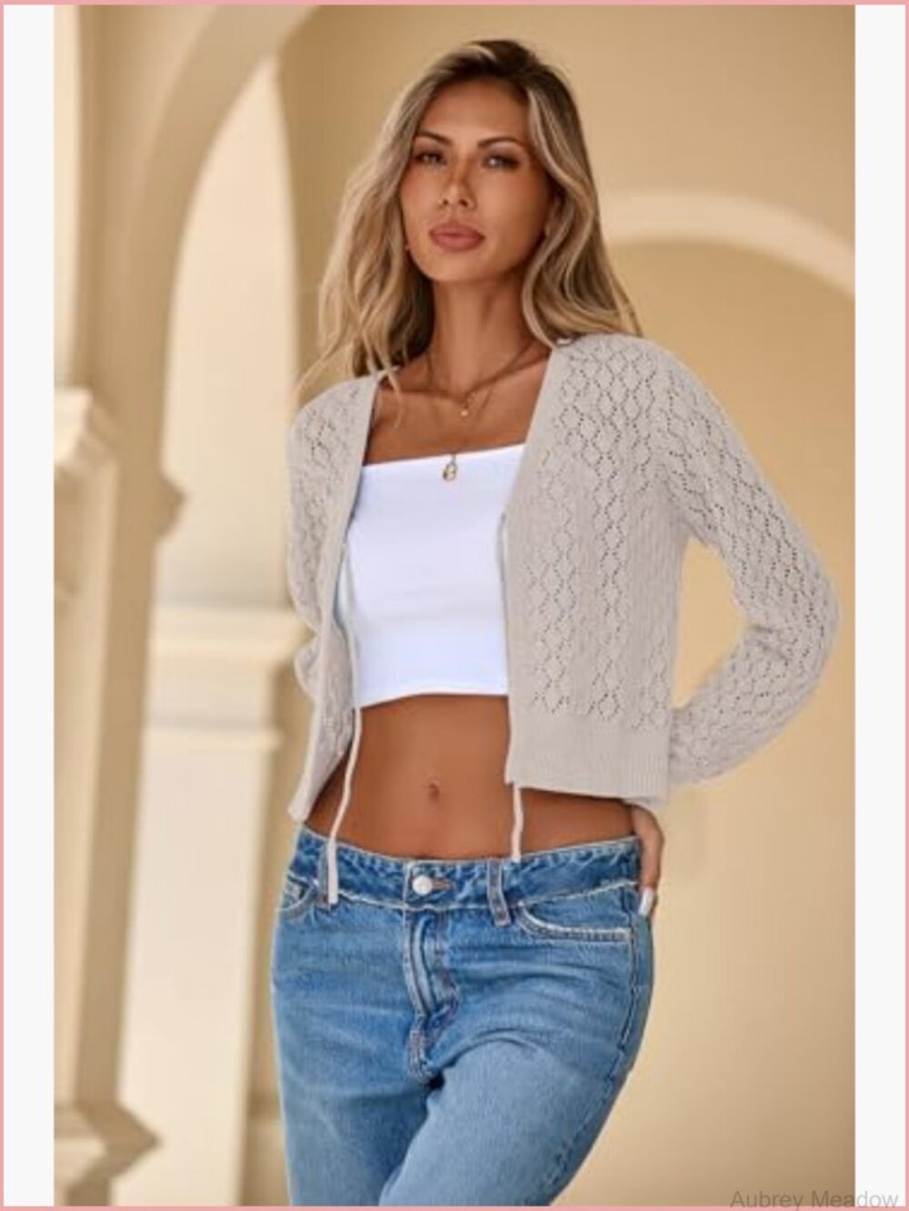 Crochet Tie Front Shrug Cardigan Long Sleeve Knit Crop Top Boho Cover Up - Picture 4 of 7